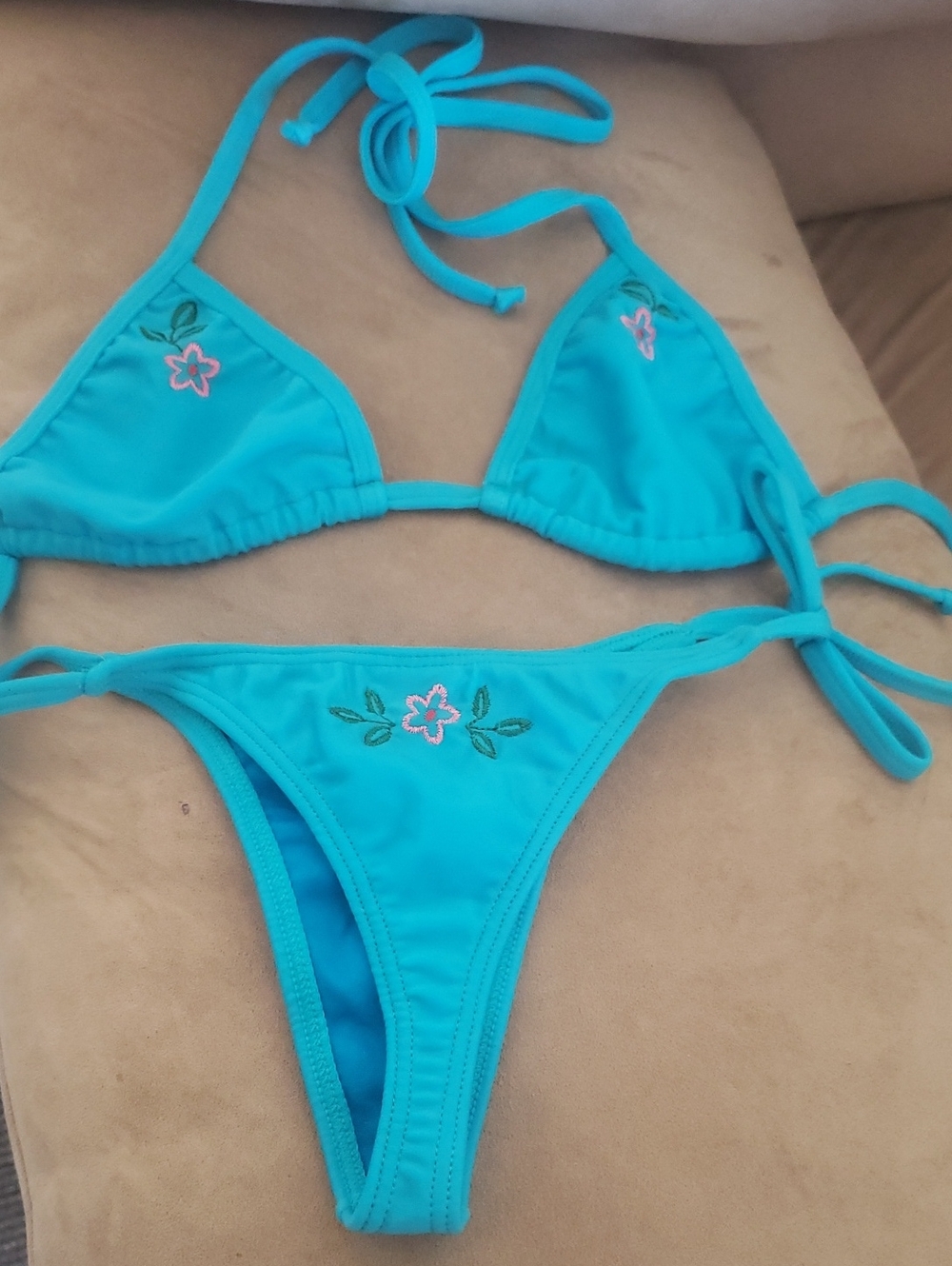 Turquoise Floral Embroidered Two-Piece Swim Set